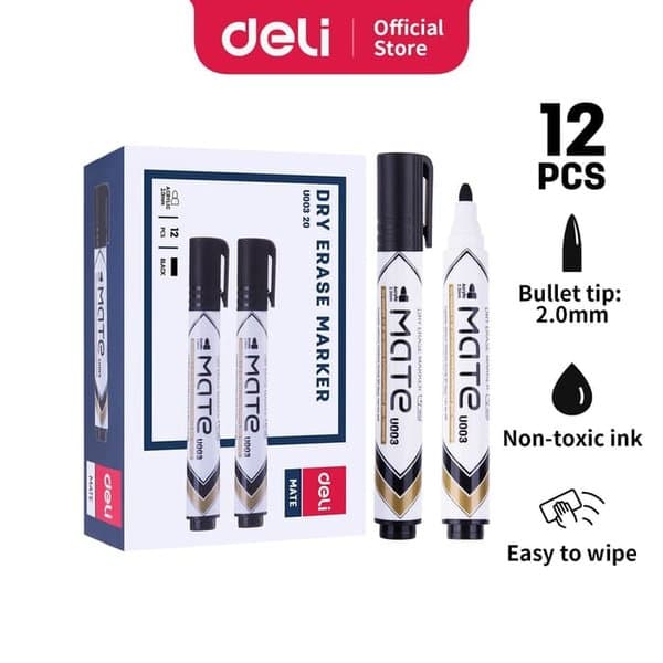 Deli Whiteboard Dry Erase Markers – Black, Bullet Tip 2.0mm (Pack of 12) – Office, School & Home Use