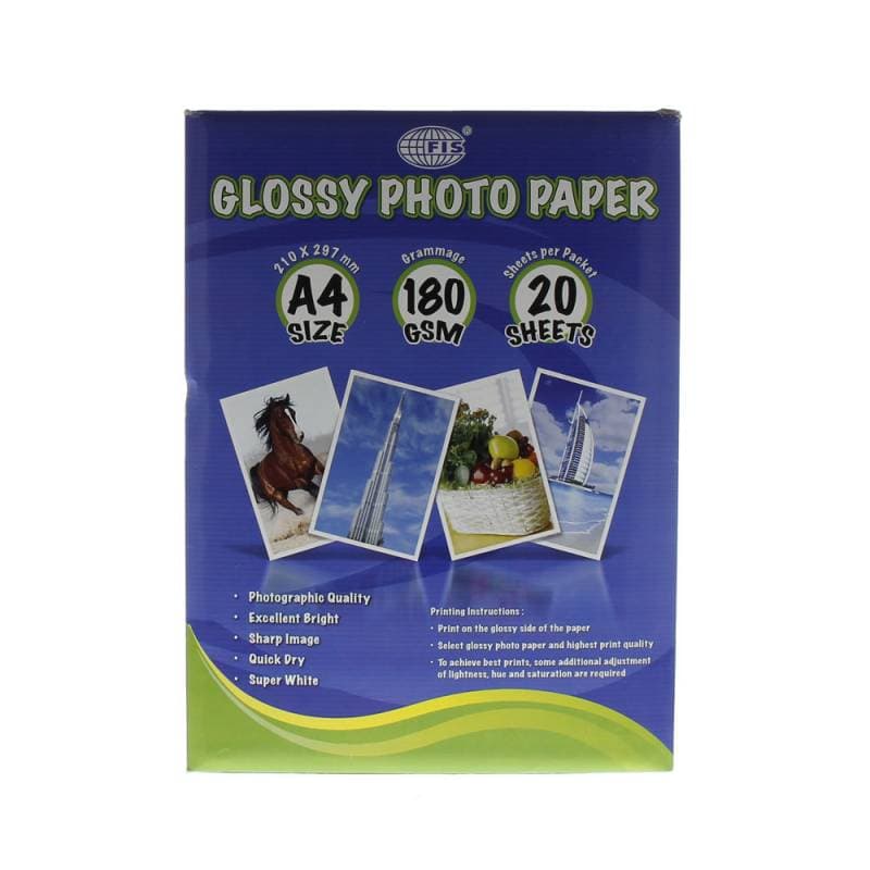 FIS Glossy Photo Paper, A4 Size, 180 GSM, 20 Sheets – High-Quality Inkjet Printing Paper