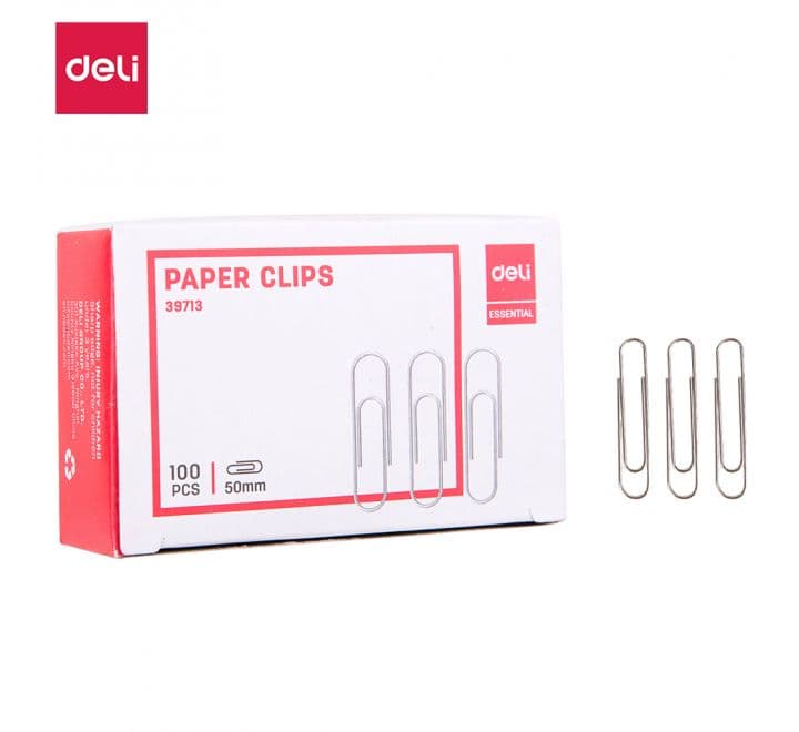 Deli E39713 Paper Clips – 50mm, Silver, Pack of 100 | Durable Metal Office & School Clips