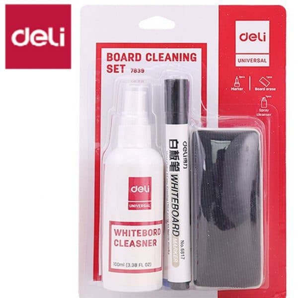 Deli E7839 Whiteboard and Chalkboard Cleaning Set – Includes Eraser and Cleaning Solution for Easy Board Maintenance