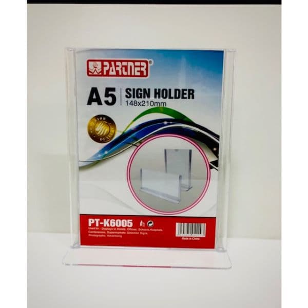 SIGN HOLDER ACRYLIC VERTICAL A5 T SHAPE OVAL BASE  148 X 210 MM