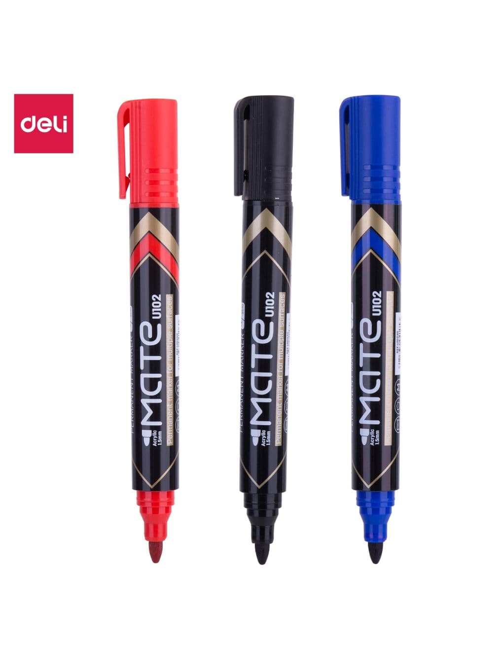 Deli Permanent Marker – Bullet Tip 1.5mm, Pack of 12 – Black / Blue / Red – Office, School & Home Use