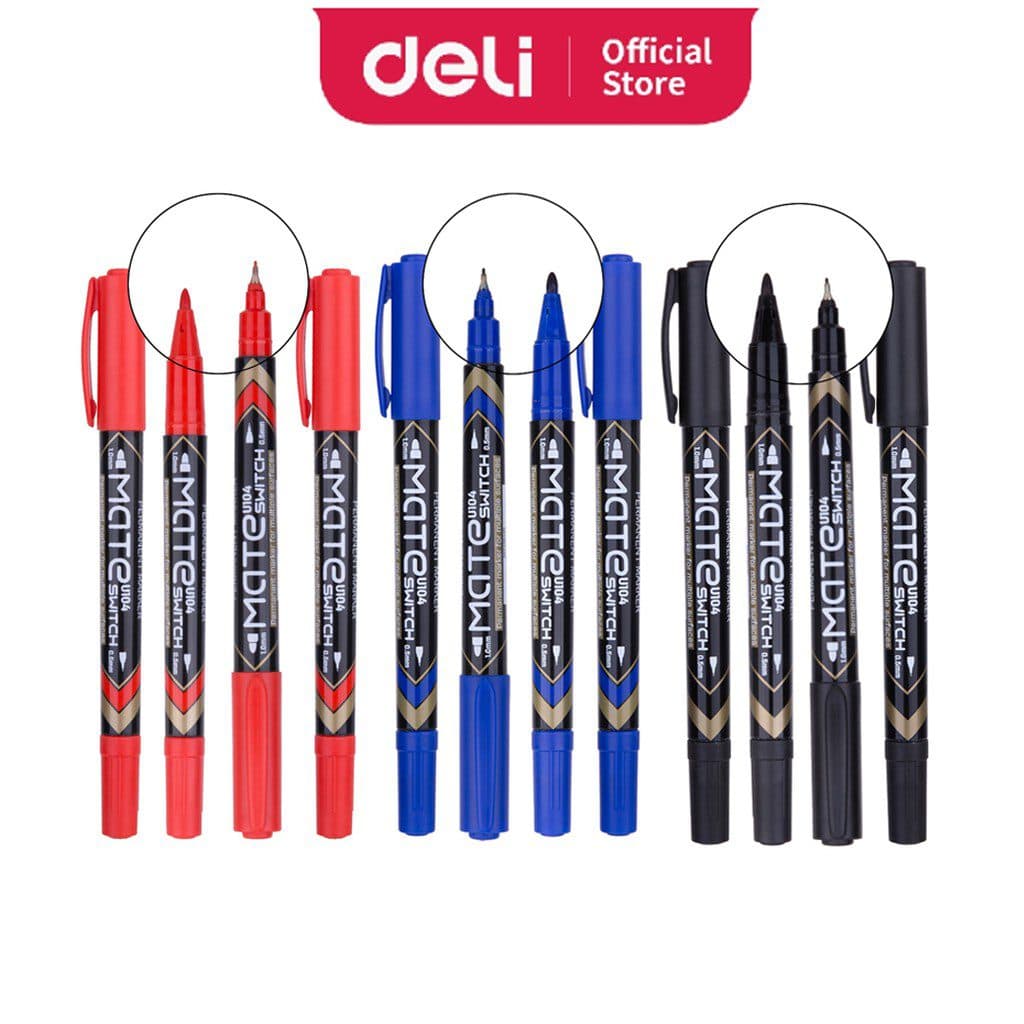 Deli U104 Permanent Twin Marker – Dual Tip 0.5mm & 1.0mm, Black Ink, Pack of 12