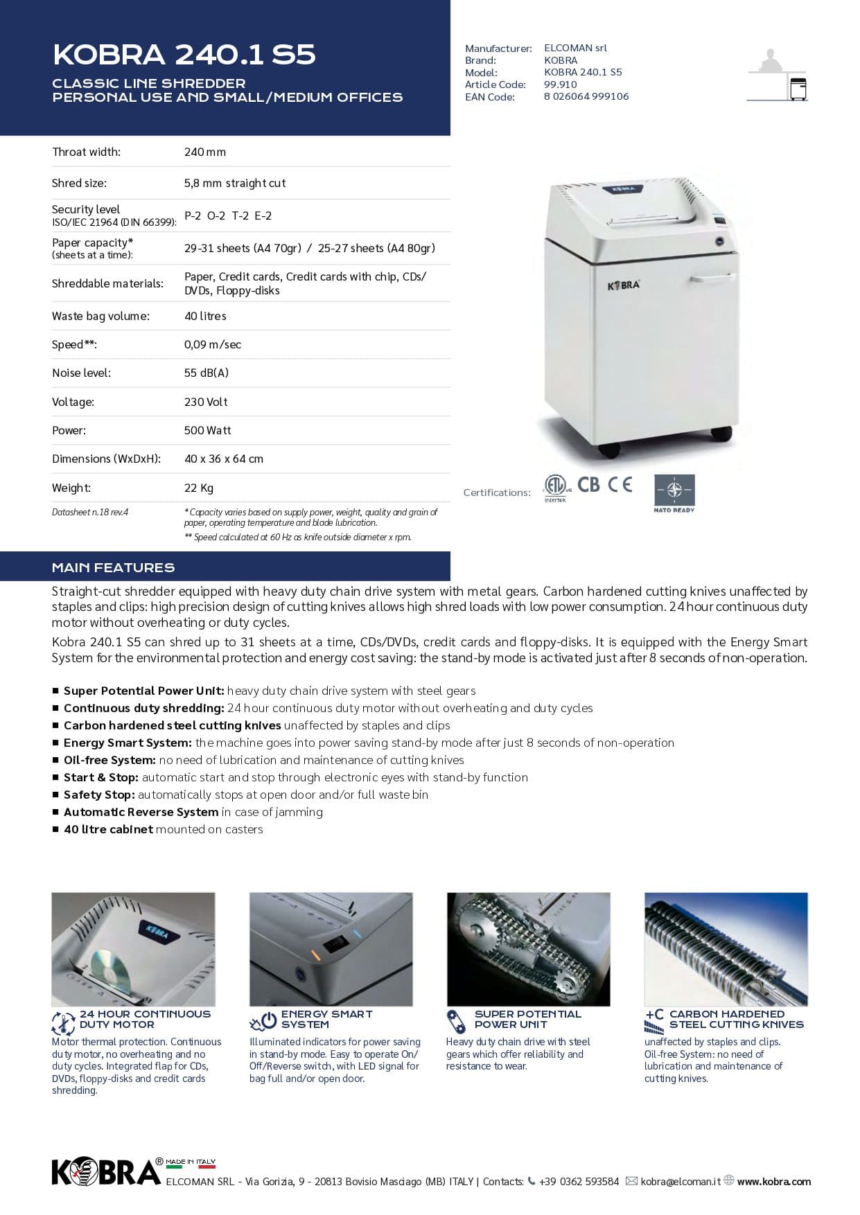 KOBRA 240.1 S5 Straight-Cut Shredder – 31 Sheet Capacity, 40L Bin, P-2 Security – Personal & Small/Medium Office 2