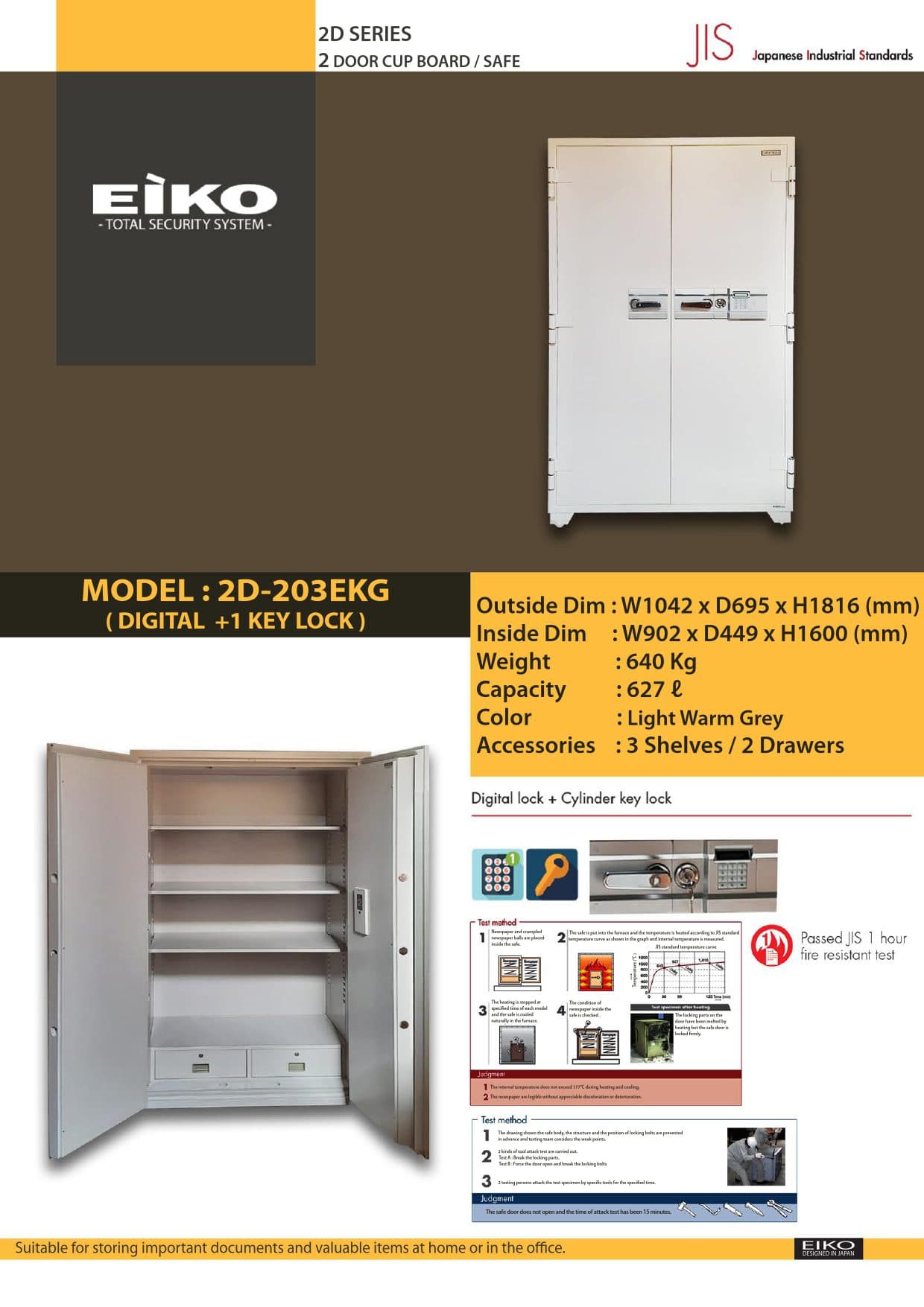 Eiko 2D-203EKG Fireproof Safe – Digital Lock and Key Lock – UL Rated 1 Hour Fire Resistant Security Safe for Home, Office, and Business Use 2