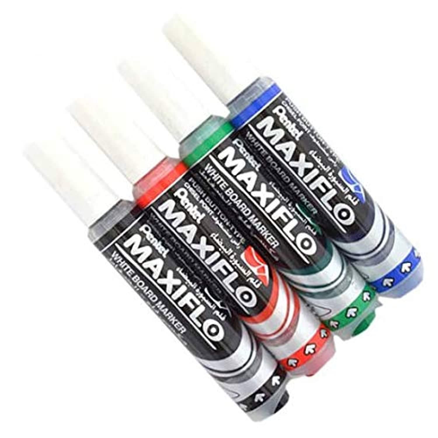 Pentel Maxiflo Whiteboard Markers – Pump Action, Bullet Tip, Assorted Colors, Pack of 12 | Refillable Dry Erase Markers for Office, Classroom & Home