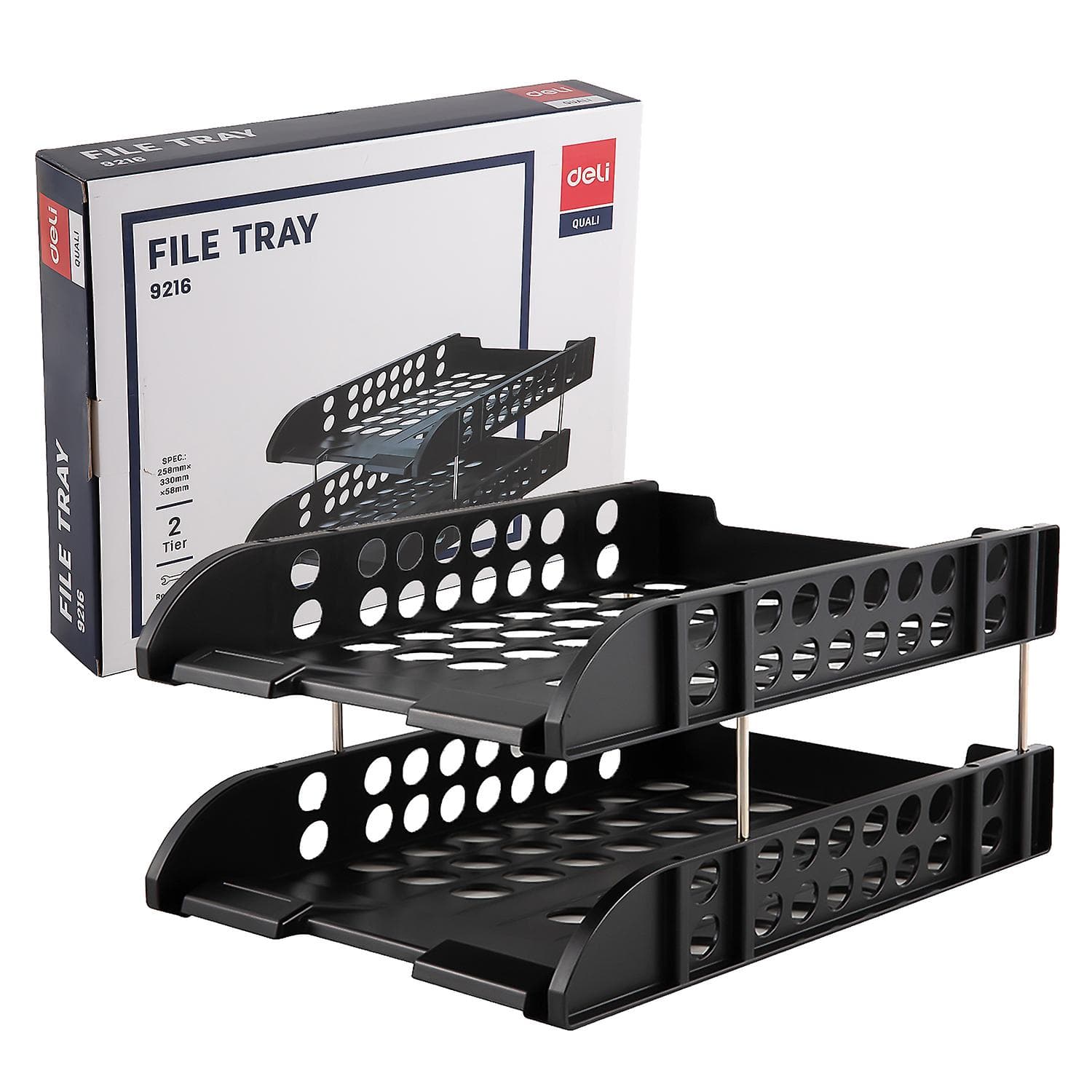 Deli 9216 2-Tier Plastic Document Tray – Stackable Letter & A4 File Organizer (Black or Gray)