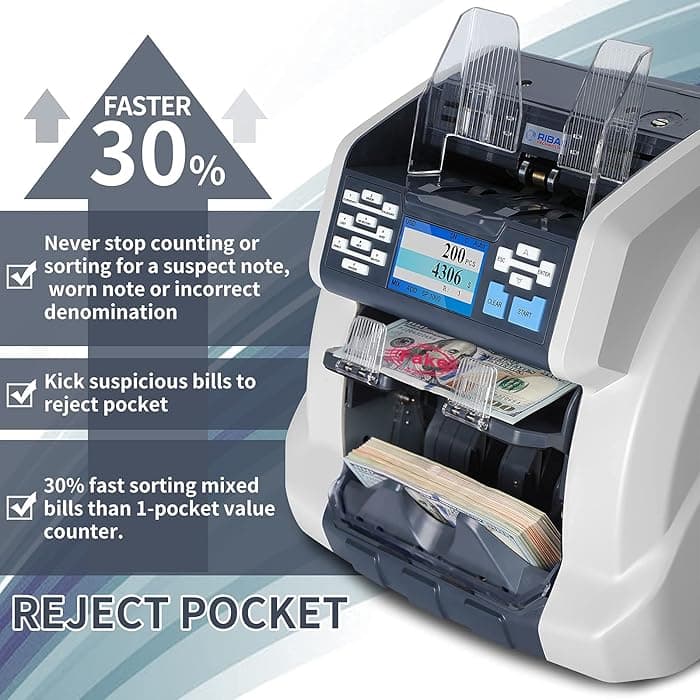 Ribao BCS-160 Two Pocket Money Counter – Mixed Denomination Banknote Counter with UV/MG/IR Counterfeit Detection, High-Speed Cash Counting Machine 3