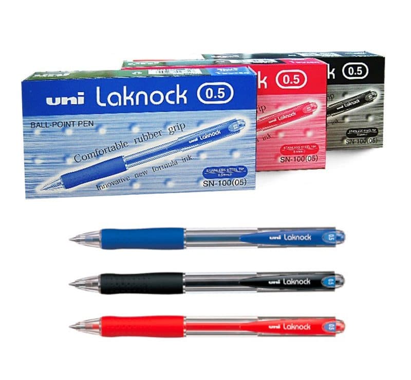 Uni Laknock SN-100F Retractable Ballpoint Pen, 0.7mm Fine, Blue (Pack of 12)
