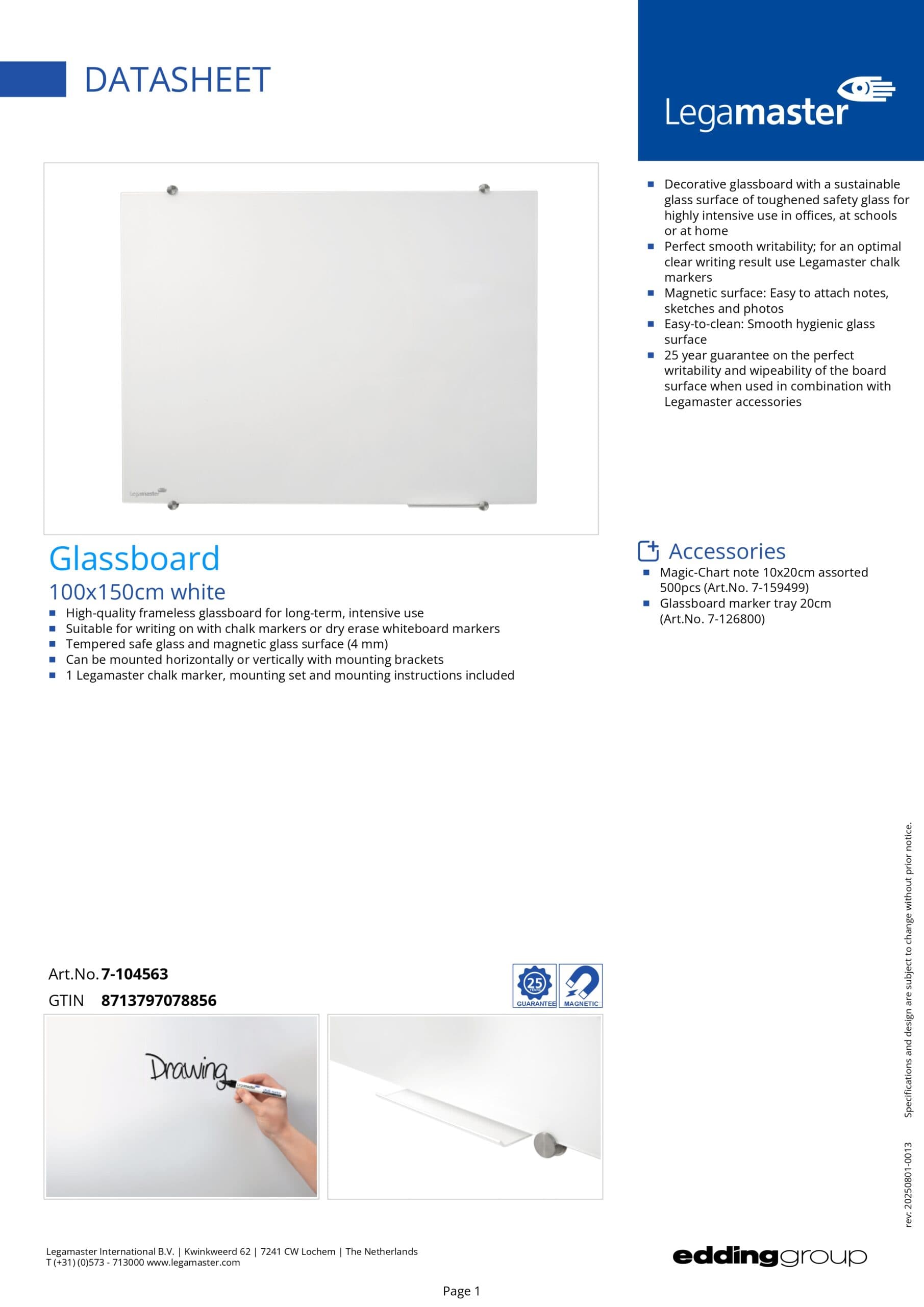 Legamaster Glassboard 100×150 cm (7-104563) – White Magnetic Glass Board, Tempered Safety Glass Dry Erase Board for Office, Meeting Room & Classroom Use 2