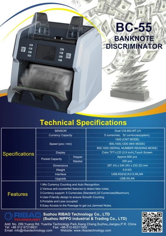 Ribao BC-55 Multi-Currency Money Counter – Mixed Denomination Banknote Counter with UV/MG/IR Counterfeit Detection 3