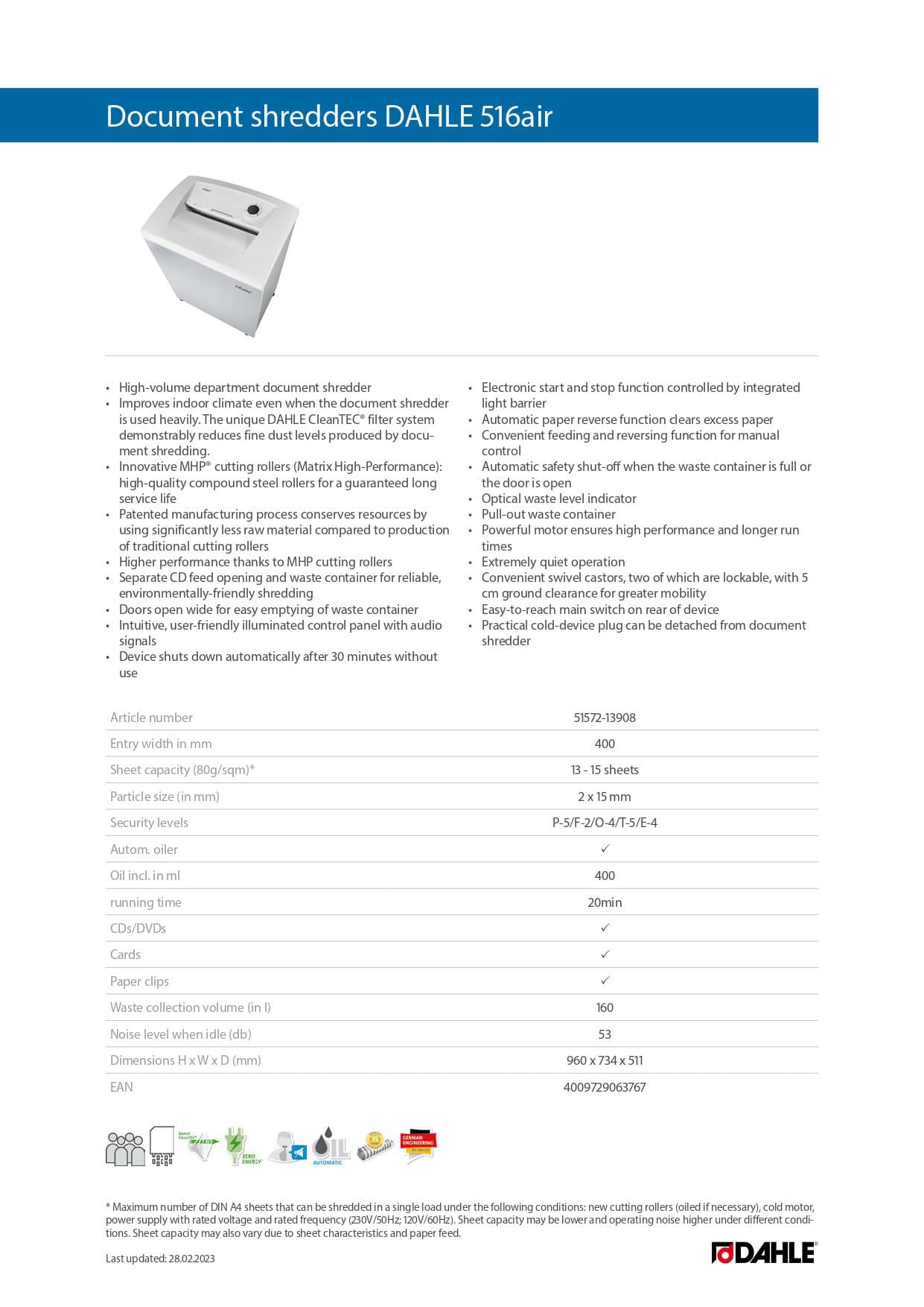 DAHLE 516air Heavy-Duty Paper Shredder | P-5 Cross-Cut, 13-15 Sheet Capacity, Automatic Oiling, 160L Bin - Professional Office Shredder 3