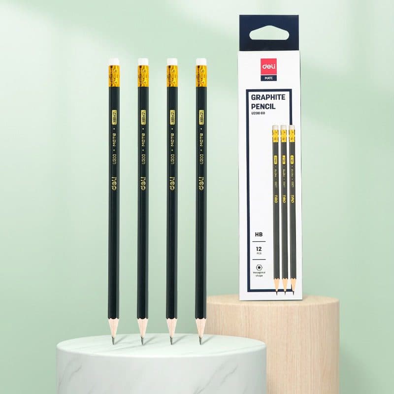 Deli U200 HB Graphite Pencils with Eraser Tip – Matte Hexagonal Barrel, Smooth Writing & Break-Resistant, Pack of 12