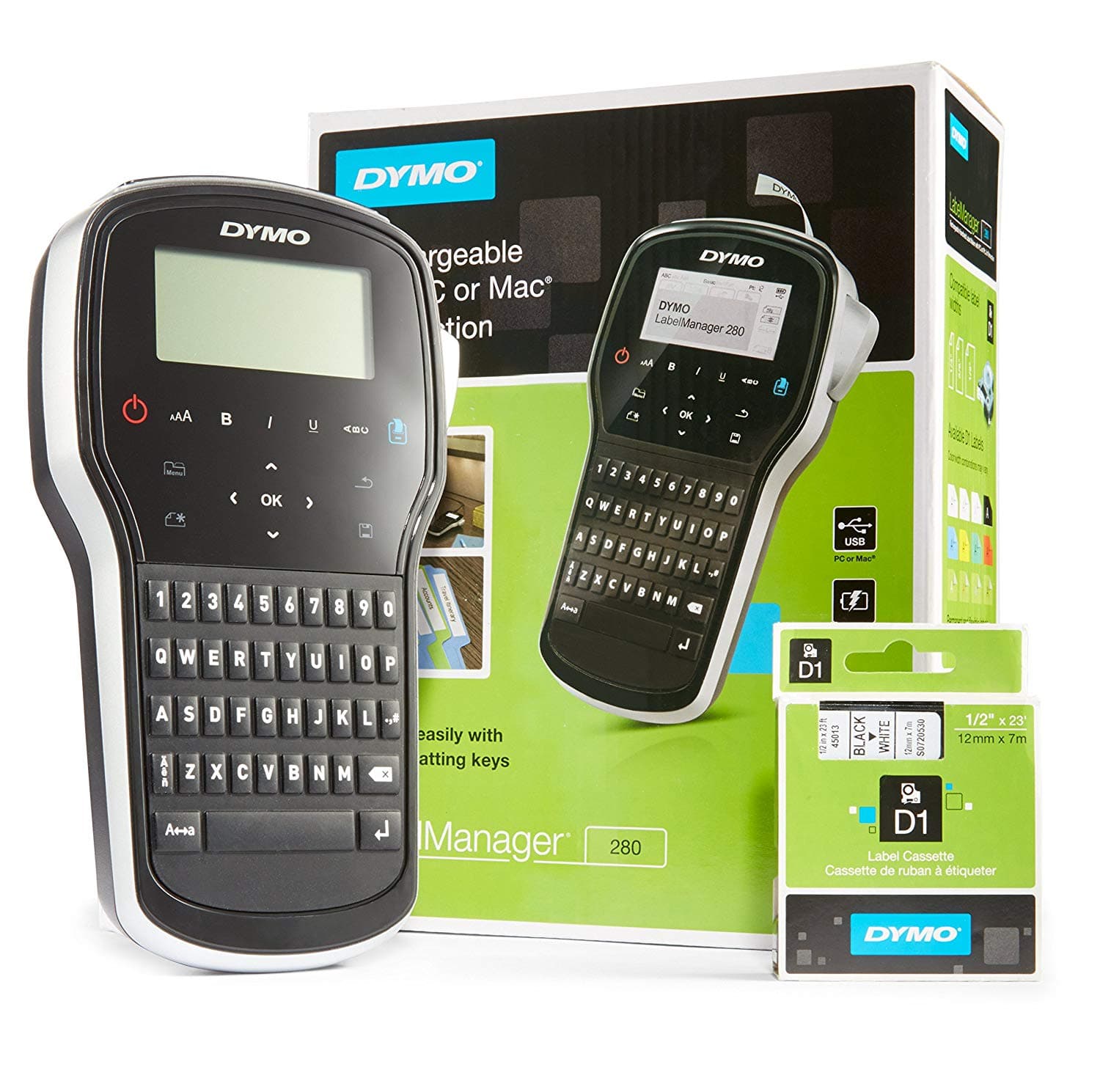 Dymo Label Manager 280P – Handheld Rechargeable Label Maker with QWERTY Keyboard & PC Connectivity