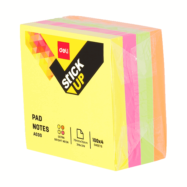 Deli Sticky Note Neon 4 Color Cube EA03003, 3×3 inches (76×76 mm) – Office & School Sticky Notes