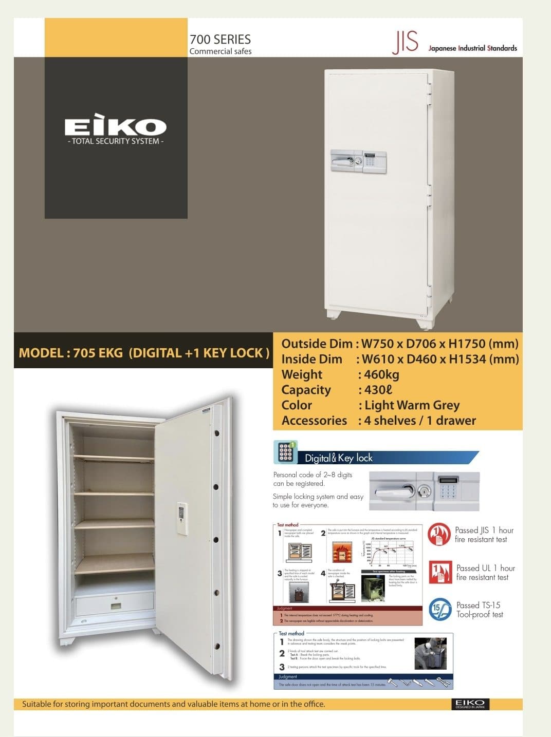 EIKO 705-EKG Fire-Resistant Safe – Digital Lock + 1-Key Lock – 430 Litre Commercial Safe 2
