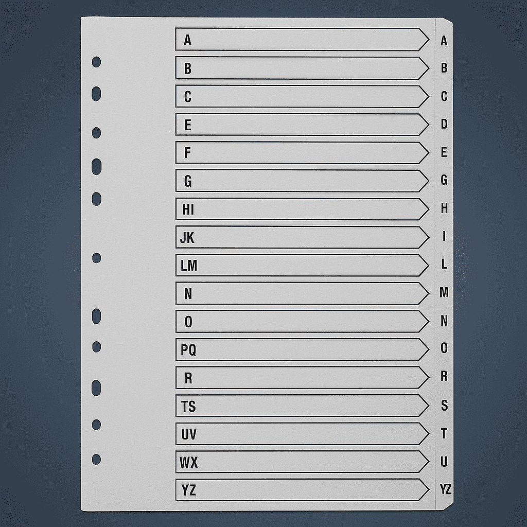 PVC Index Divider – A4 Size, A–Z Gray Tabs – Durable 26-Part Alphabetical File Separator