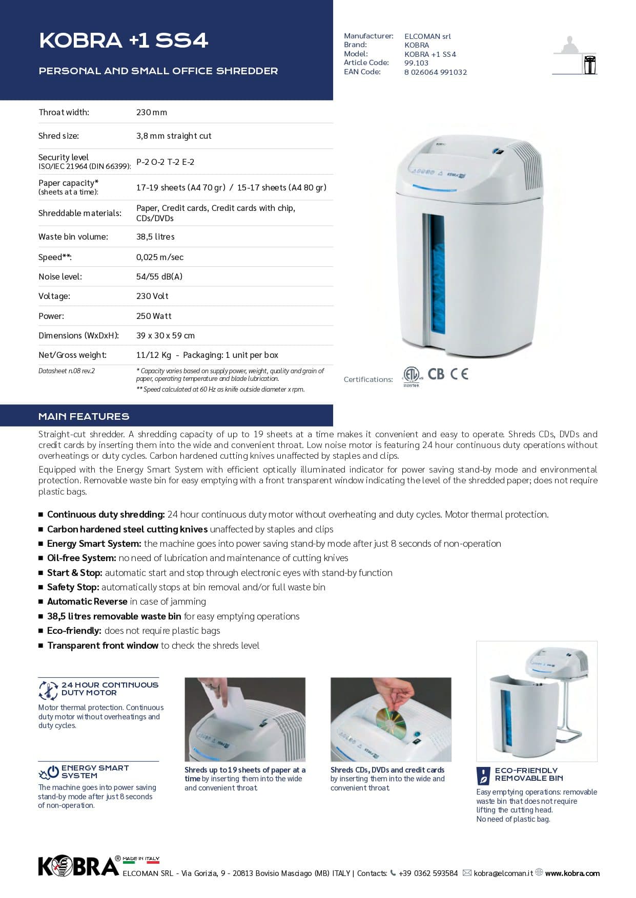 KOBRA +1 SS4 Personal & Deskside Strip Cut Shredder | 19 Sheet Capacity, 38L Bin, P-2 Security Level 2