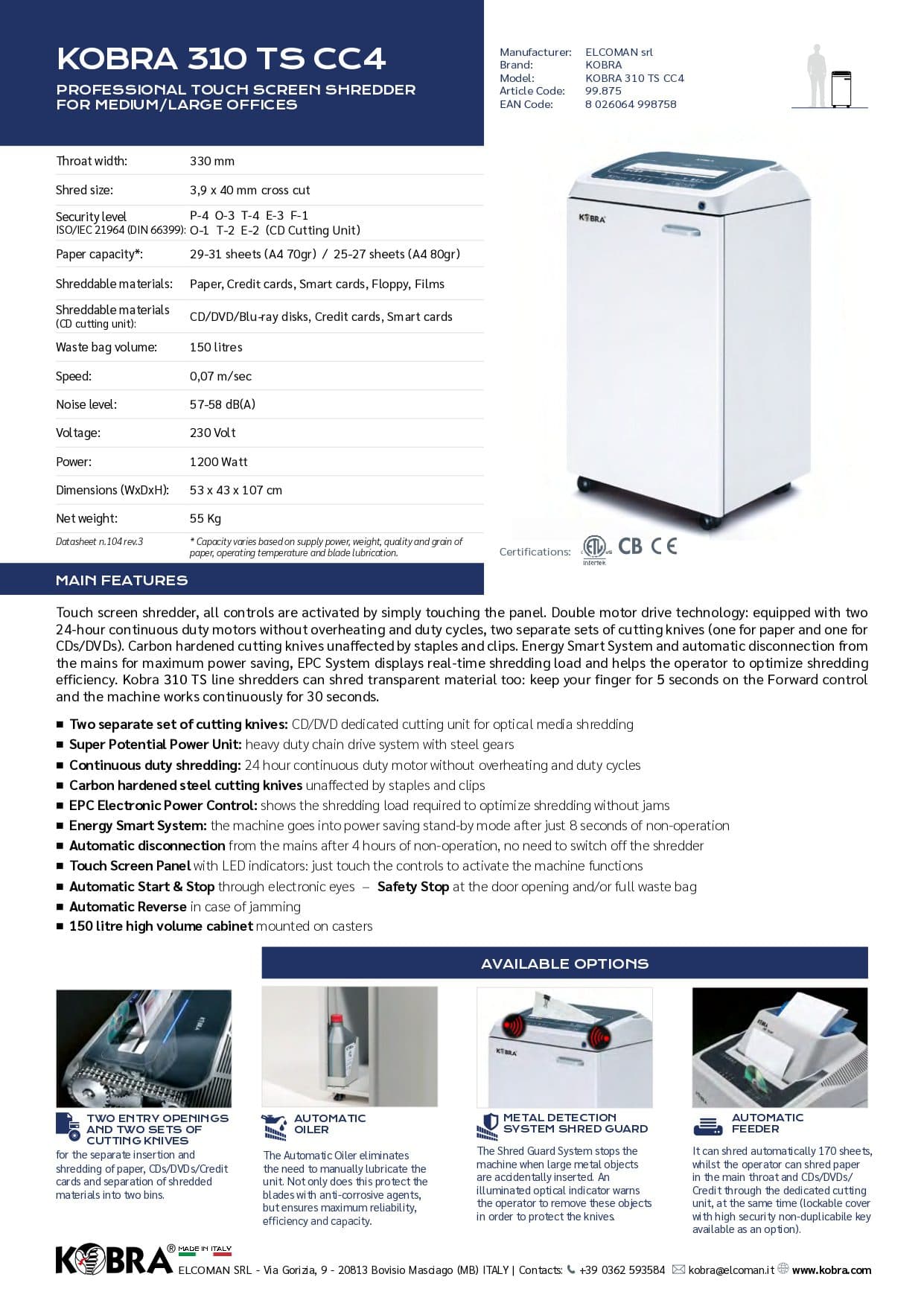 KOBRA 310 TS CC4 Cross Cut Paper Shredder – Touch Screen | 3.9x40mm Security Cut |High-Capacity Office Shredder for Paper, CDs & Credit Cards 2