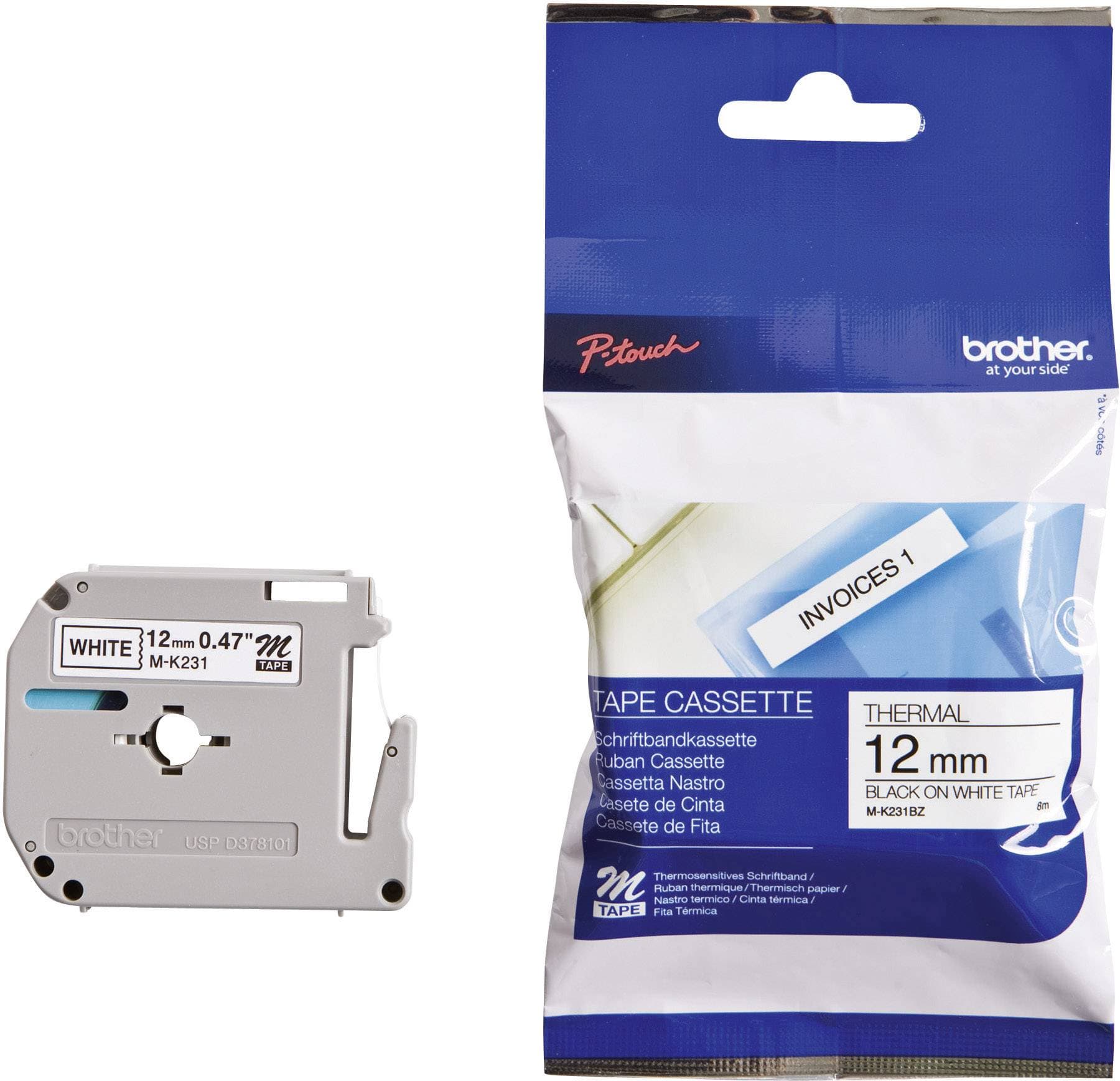 Brother M-K231 Label Tape – 12mm Black on White, Non-Laminated M Series Cassette for P-Touch Label Makers