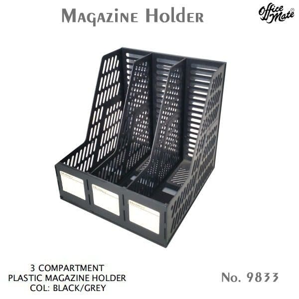 Deli 9833 Plastic Magazine Holder – 3-Compartment Desktop File & Document Organizer (Black/Grey)