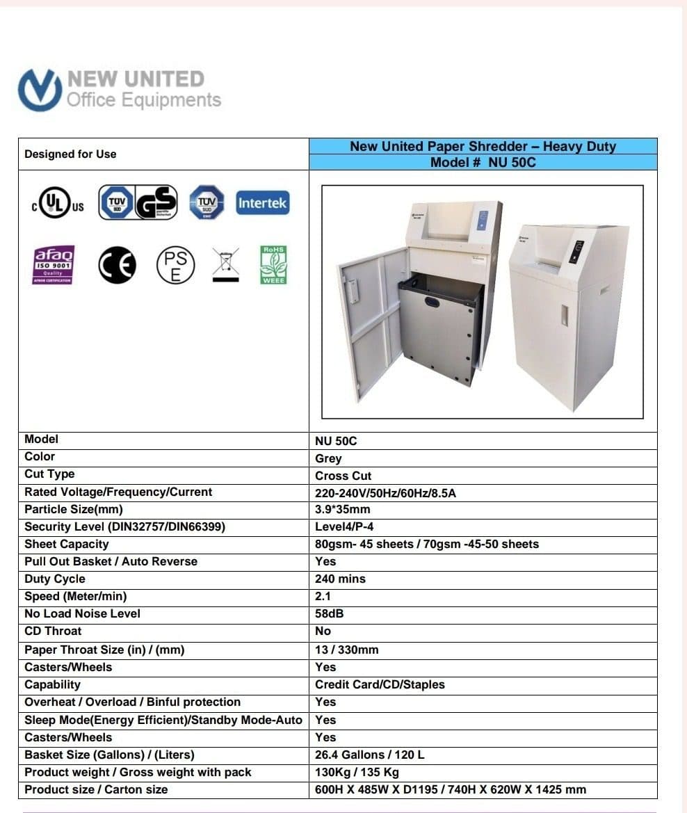 New United NU-50C Heavy-Duty Cross-Cut Paper Shredder – Shreds Up to 45 Sheets, 120L Bin, P-4 Security 2