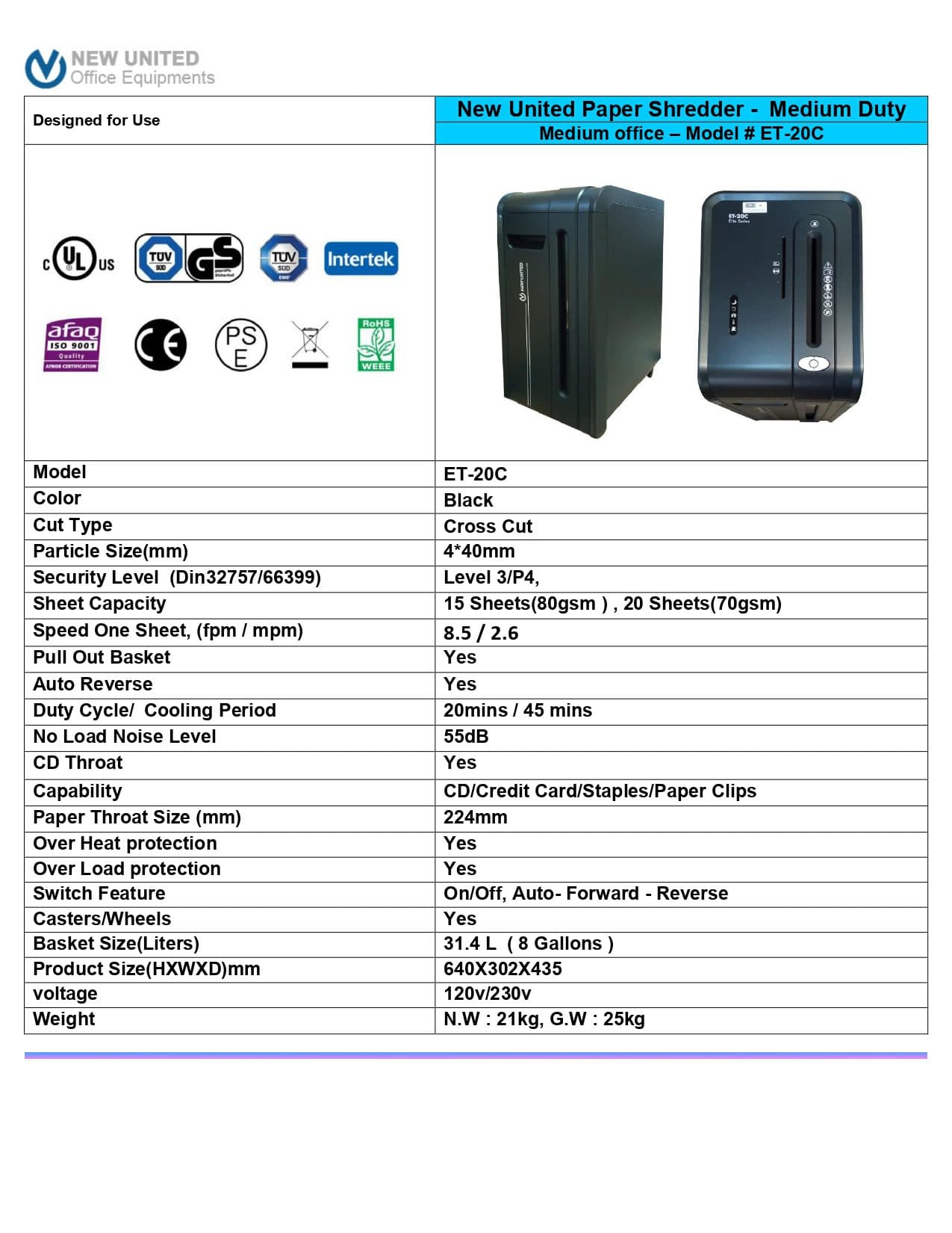 New United ET-20C Cross Cut Shredder –  4.0 x 40 mm Cut, P-4 Security for Home & Office 4