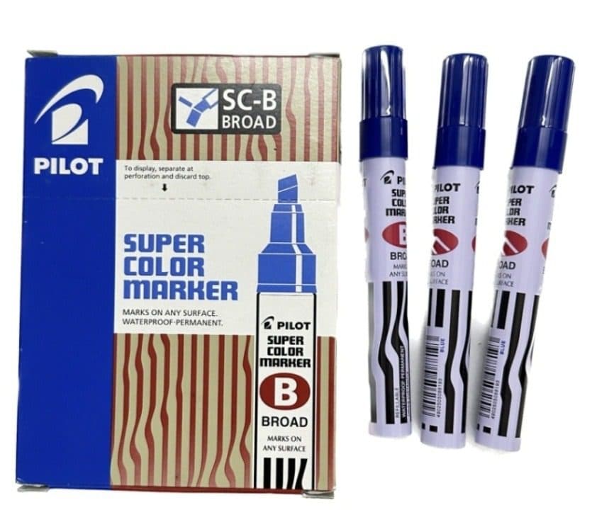 Pilot SC-B Permanent Markers – Broad Chisel Tip, Blue Ink – Pack of 12 | Quick-Drying, Durable Permanent Markers for Office, School & Industrial Use