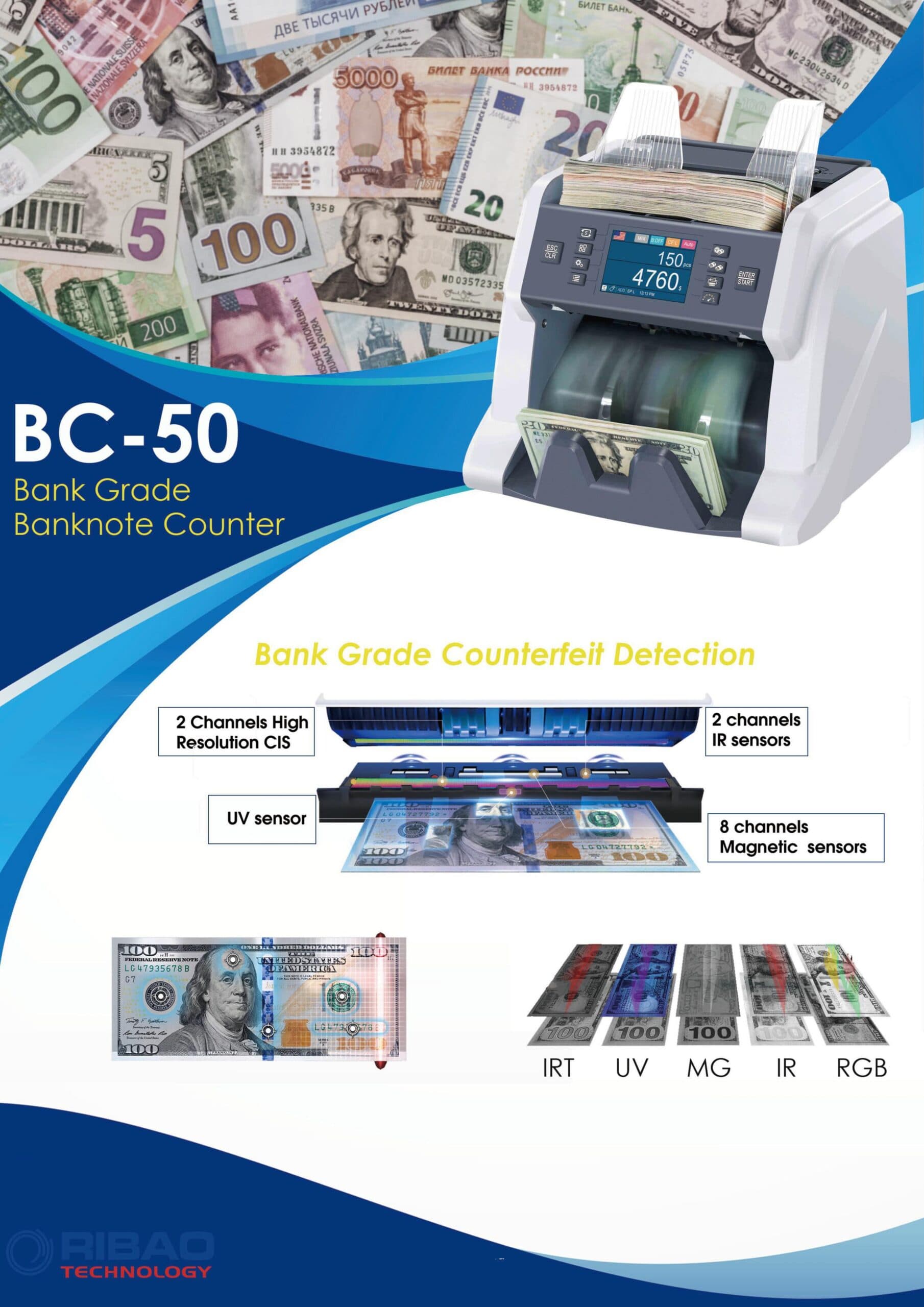 RIBAO BC-50 Multi-Currency Banknote Counter | Value Counter & Counterfeit Detector for 12 Currencies 2