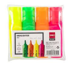 Deli ES622 Highlighters – 4 Color Set, Fluorescent Chisel Tip, Smooth Ink for Office, School & Home