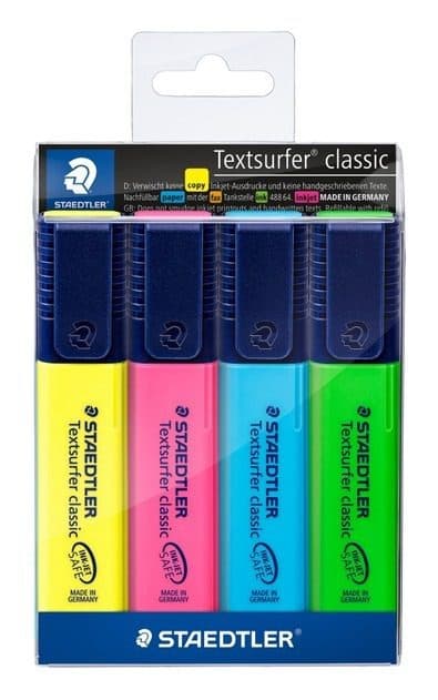 STAEDTLER Textsurfer Highlighters – Assorted Colours, Pack of 4 – Bright & Long-Lasting Ink for Study, Office & School