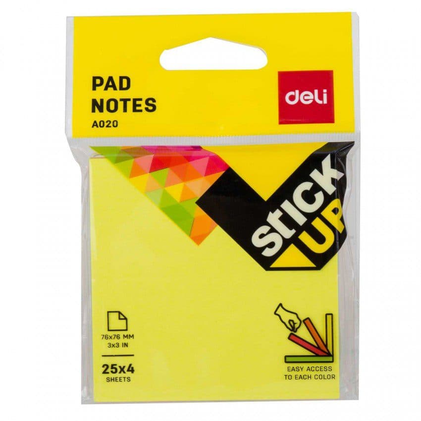 Deli Pad Notes EA02002, 3×3 inches (76×76 mm), 4 Colors – 25 Sheets per Color – Sticky Notes