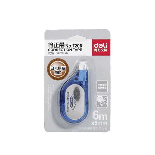 Deli 7206 Correction Tape – 5mm × 6m White-Out Tape, Quick-Dry, Smooth Coverage for Office, School & Home