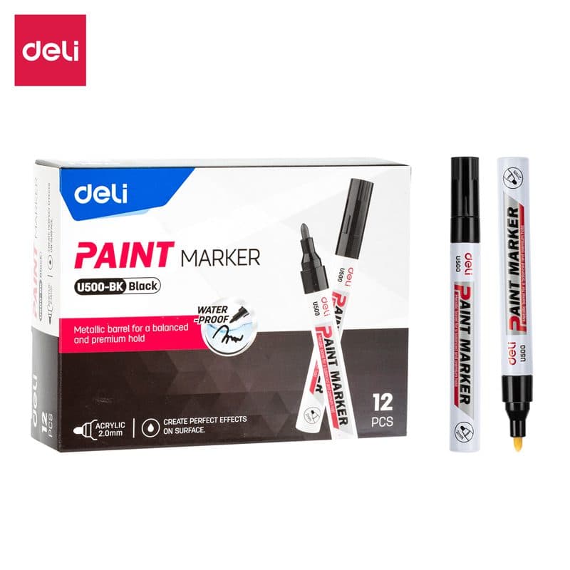 Deli U500 Black Paint Marker – Permanent Oil-Based Marker Pen, 1x12 Pack – For Metal, Glass, Plastic, Wood, and Crafts