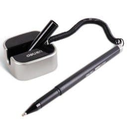 Deli 6796 Counter Pen – Black Ink Gel Pen, Smooth Writing, Refillable Desk Pen with Base