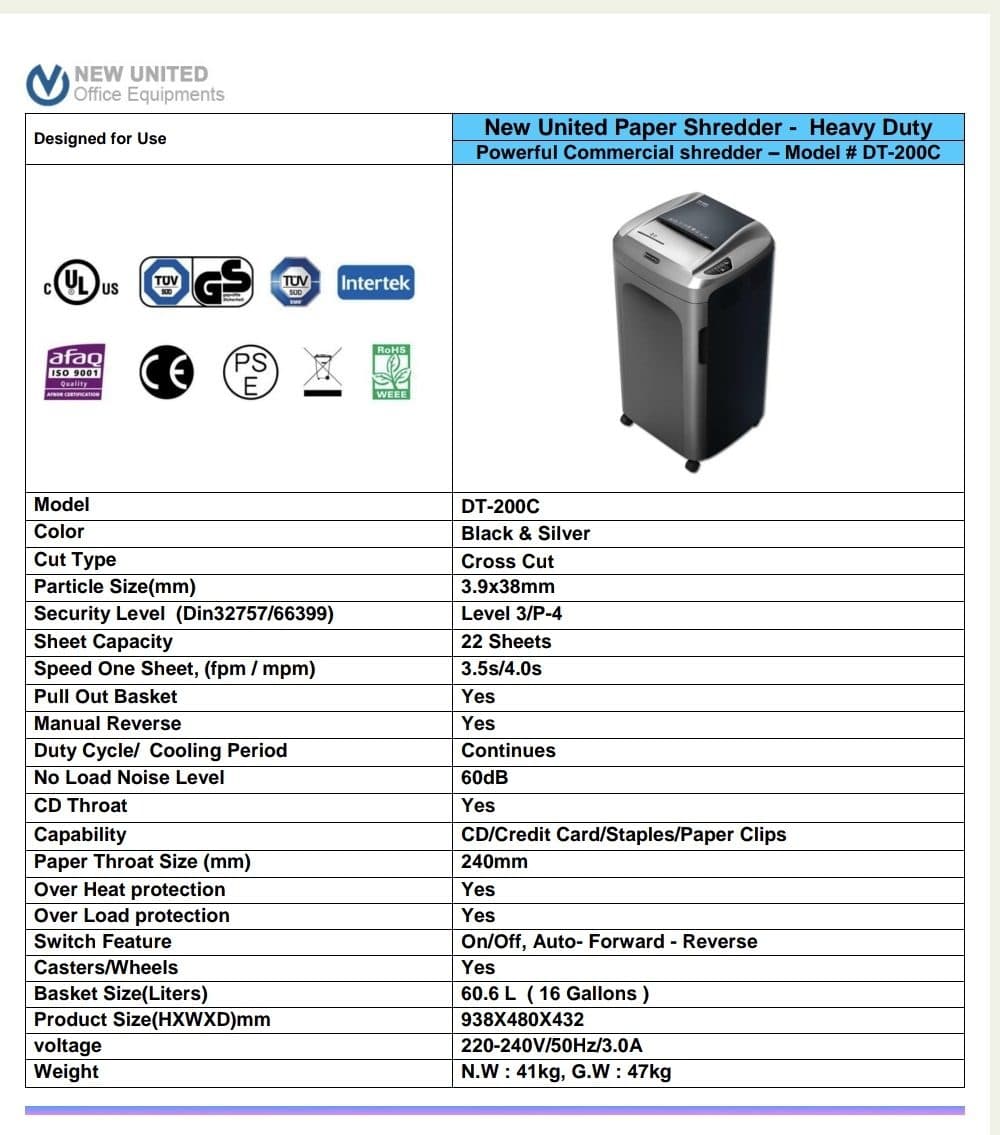 New United DT-200C P4 22 Sheets 60.6 Litres 3.9 x 38 mm Cross Cut Shredder 3