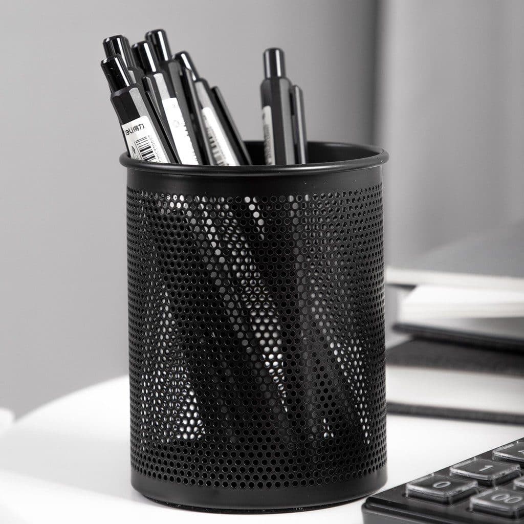 Round Mesh Metal Pen & Pencil Holder – Desktop Organizer, Black or Silver 2