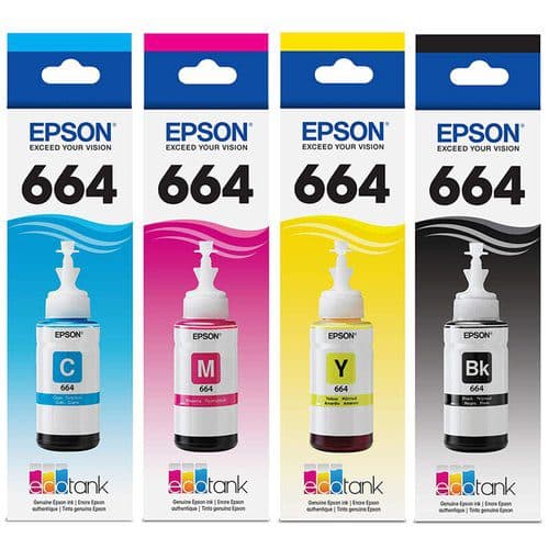Epson 664 Ink Bottle 4-Color Set (Black, Cyan, Magenta, Yellow) – Genuine Refill Ink for Epson Ink Tank Printers – High Yield, Vivid Print Quality