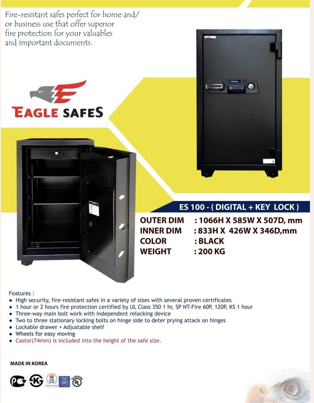 Eagle ES-100 Fire Resistant Safe – Digital + Key Lock, Compact Personal Security Safe, UL 1-Hour Certified, Grey/Black Finish 2