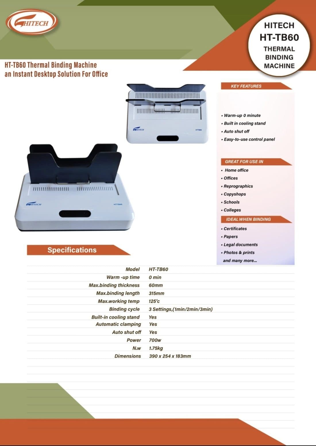 Hitech HT-TB60 Thermal Binding Machine – Binds up to 60mm Thickness (Approx. 600 Sheets) for Professional Document Finishing 2