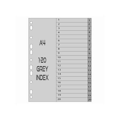 PVC Index Divider – A4 Size, 1–20 Numbered Gray Tabs – Durable 20-Part File Separator