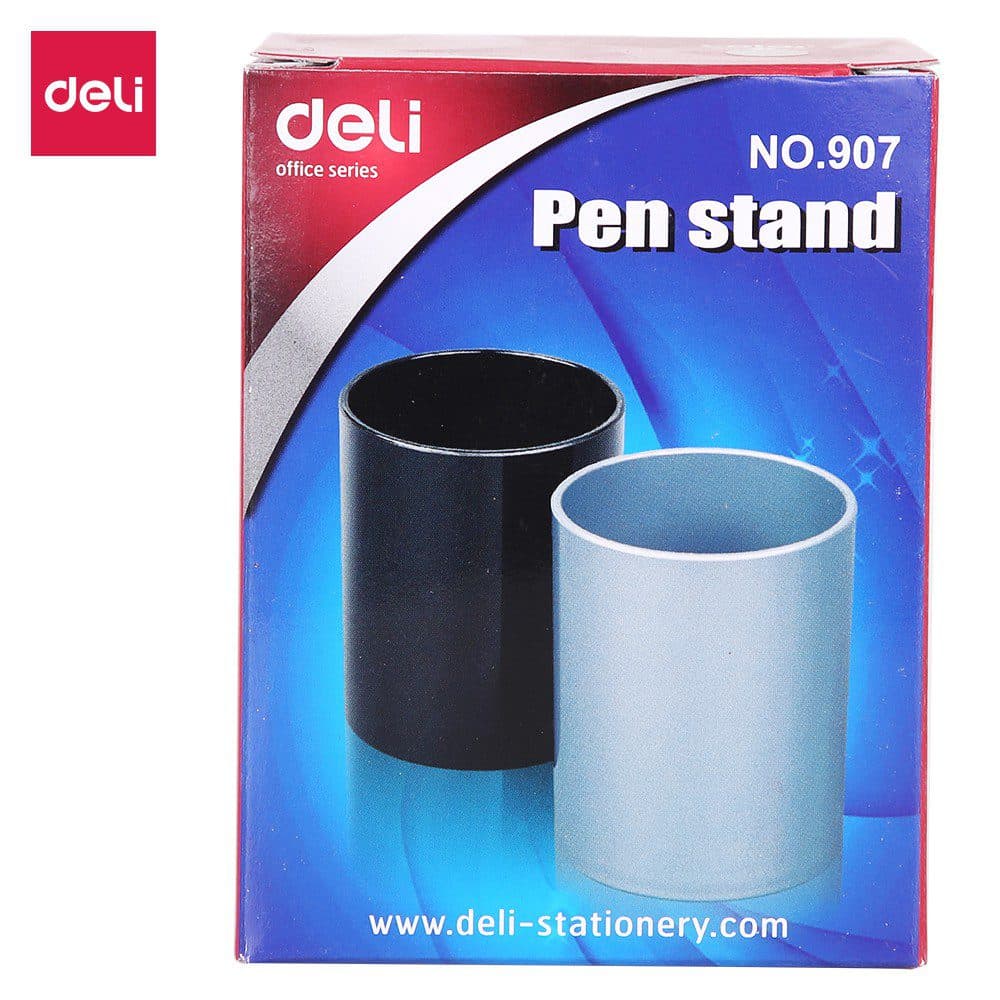 Deli 907 Round PVC Pen & Pencil Holder – Desktop Pen Stand, Silver or Black 2