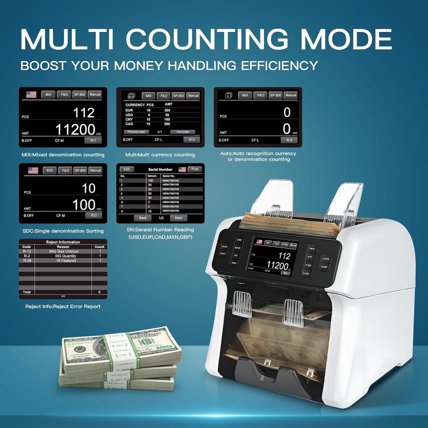 Ribao (NUCOUN) VS-75 Mixed Denomination Money Counting Machine with Reject Pocket 2
