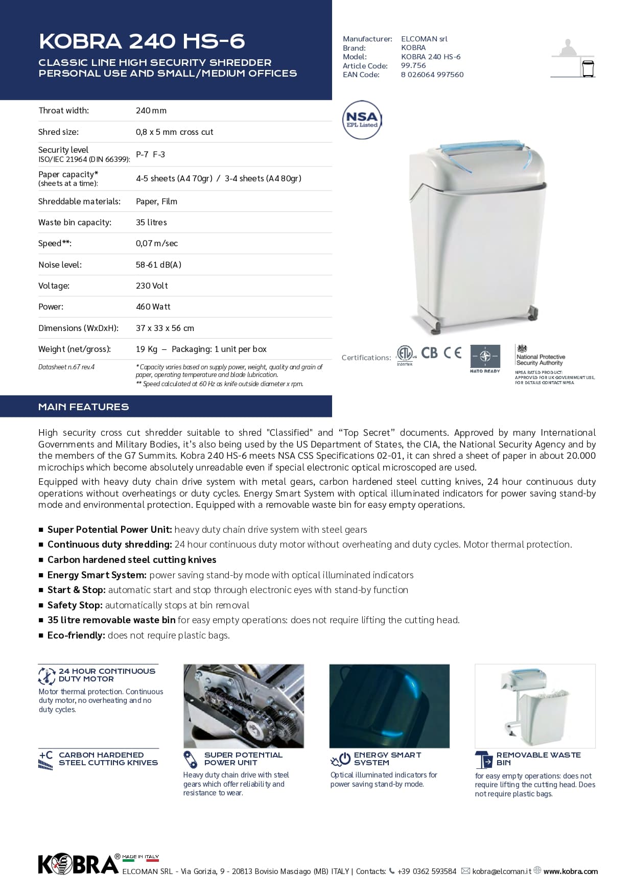 KOBRA 240 HS-6 Cross-Cut Shredder | 4 Sheet Capacity, 35L Bin, P-7 Security | Personal & Small/Medium Office 2