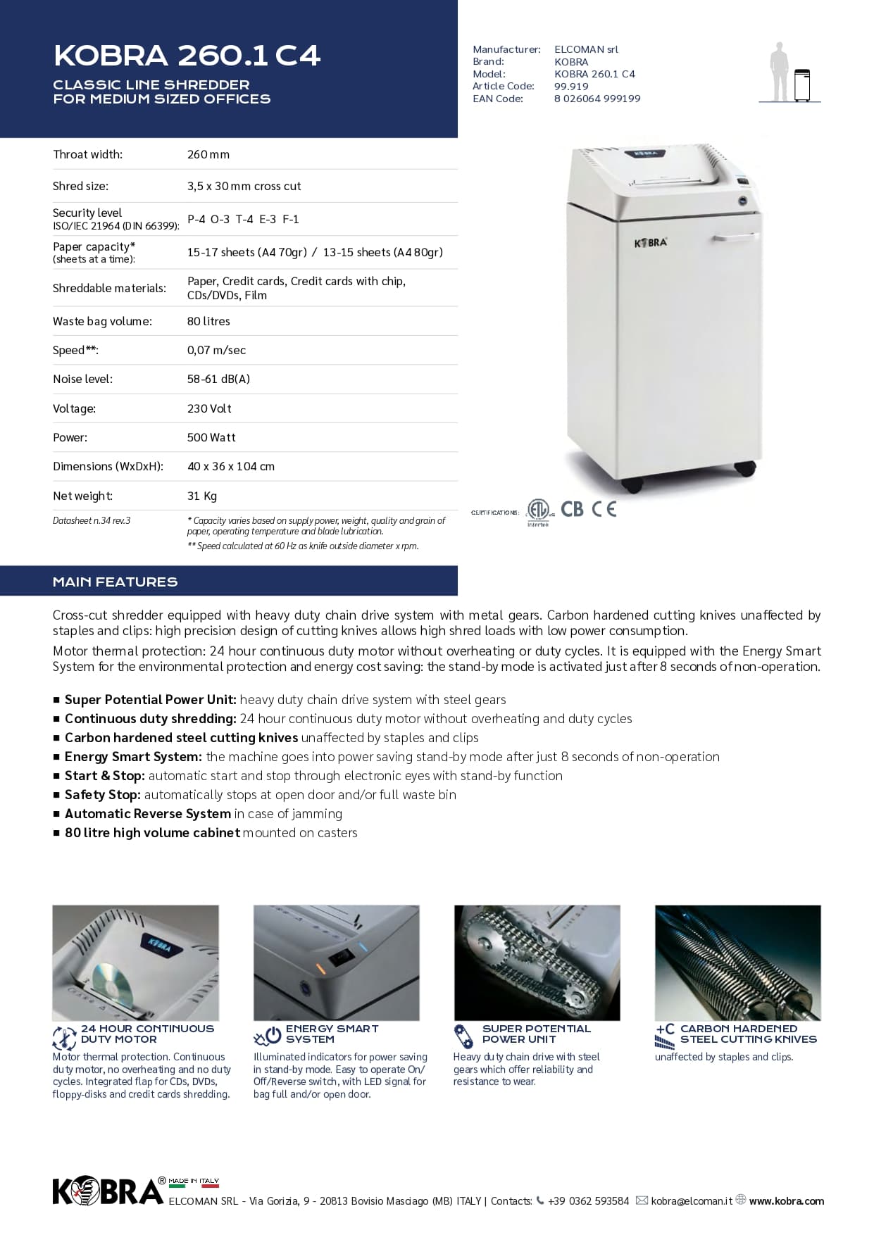 Kobra 260.1 C4 Cross Cut Paper Shredder | 17 Sheets, P-4 Security, 80L Bin | Made in Italy 2