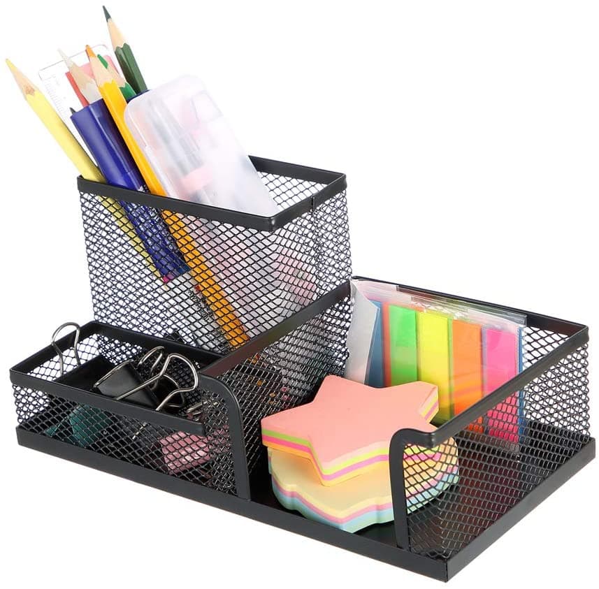 Mesh Metal Pen & Pencil Holder – 3-Part Desk Organizer, Black or Silver