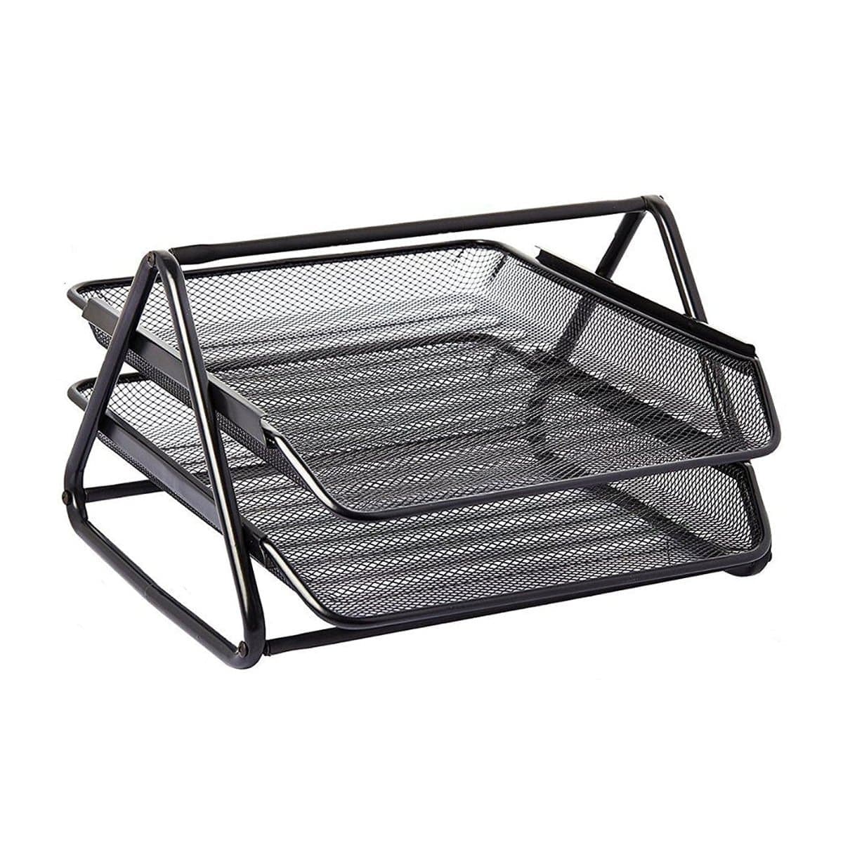 2-Tier Metal Mesh Paper Tray – Stackable Document & File Organizer, Black