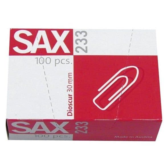SAX 233 Paper Clips – 30mm, Pack of 100 | Durable Metal Office & School Clips