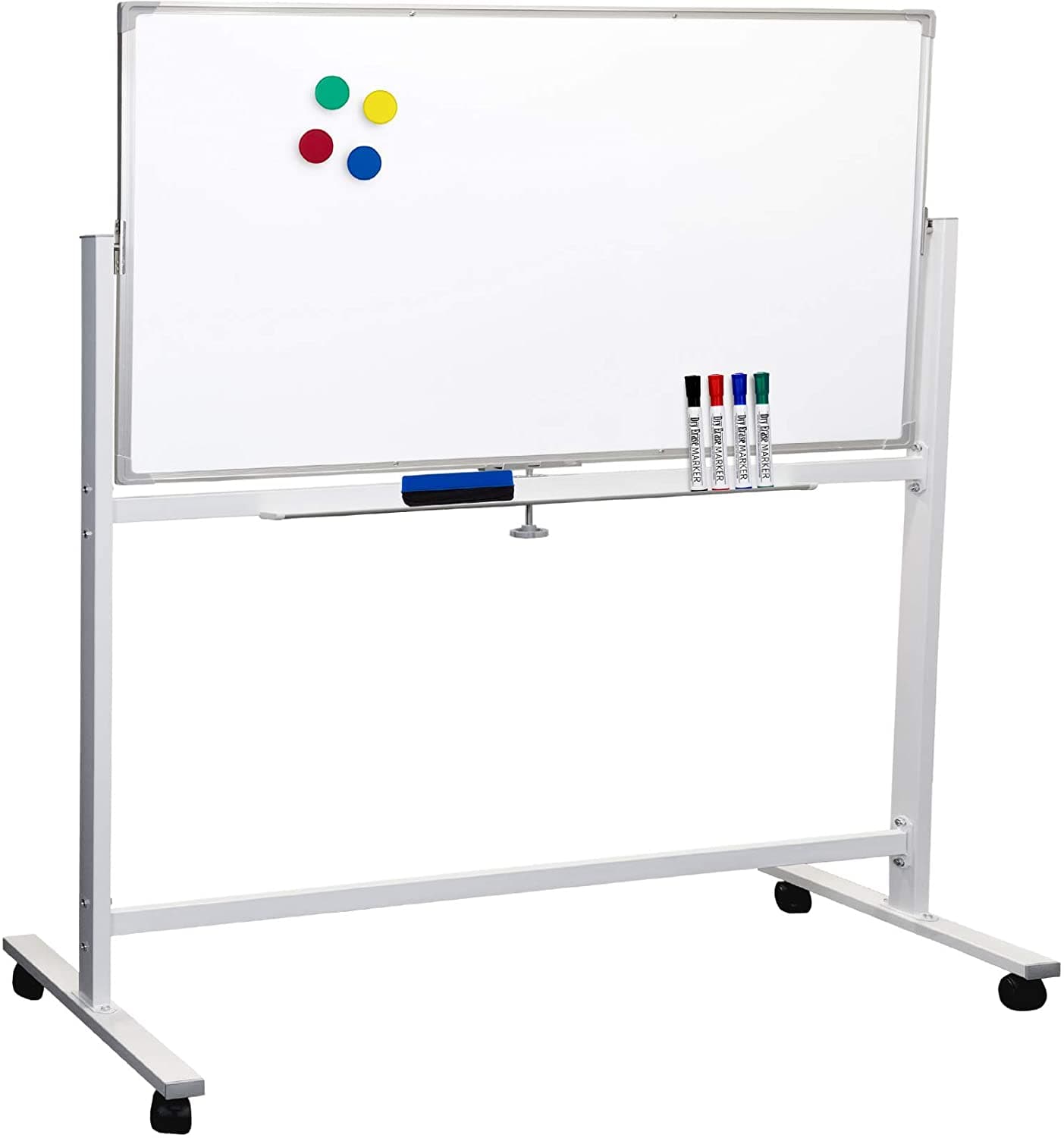Magnetic Double-Sided Whiteboard 90×120 cm – Reversible Dry Erase Board on Height-Adjustable Mobile Stand with Lockable Wheels – Office, School & Home Use