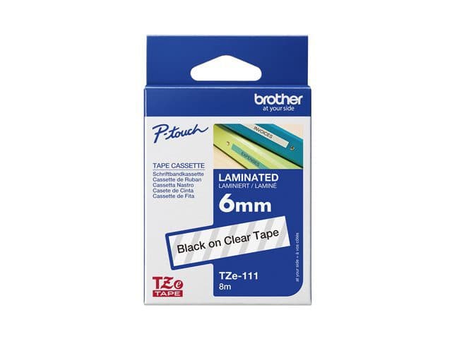 Brother TZe-111 Label Tape – 6mm Black on Clear Laminated Tape for P-Touch Label Makers